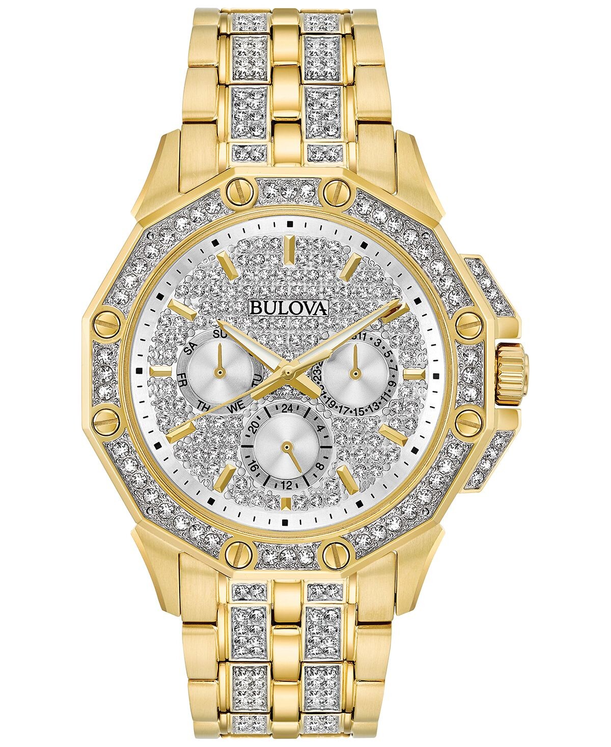 Мужские часы из нержавеющей стали с золотистым браслетом и кристаллами, 43 мм Bulova 
Мужские часы из нержавеющей стали с золотистым браслетом и кристаллами, 43 мм Bulova