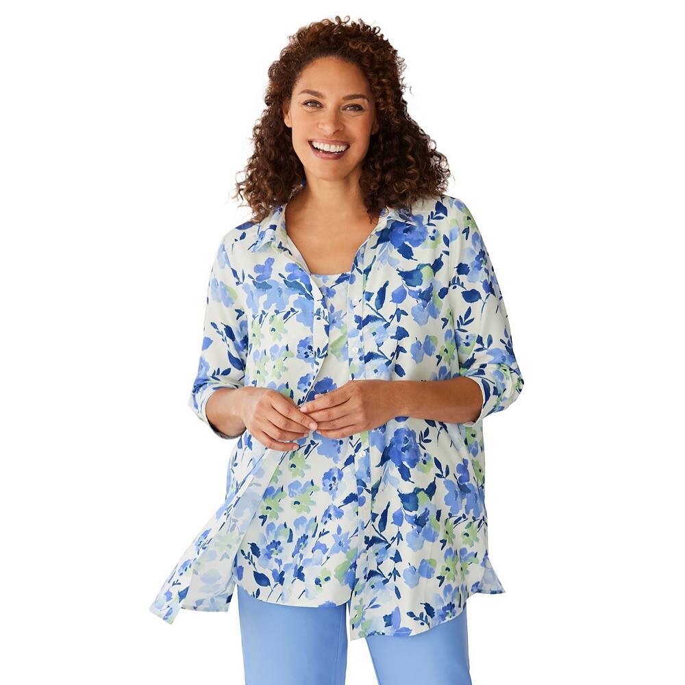 Женщина в женской рубашке и майке больших размеров из 2 предметов Woman Within, цвет French Blue Watercolor 
Женщина в женской рубашке и майке больших размеров из 2 предметов Woman Within, цвет French Blue Watercolor