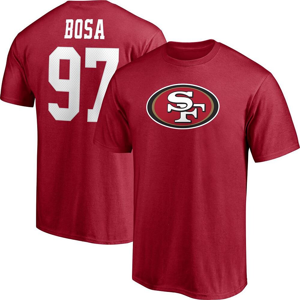 Мужская футболка Fanatics с логотипом Nick Bosa Scarlet San Francisco 49ers со значком игрока, именем и номером, красный 
Мужская футболка Fanatics с логотипом Nick Bosa Scarlet San Francisco 49ers со значком игрока, именем и номером, красный