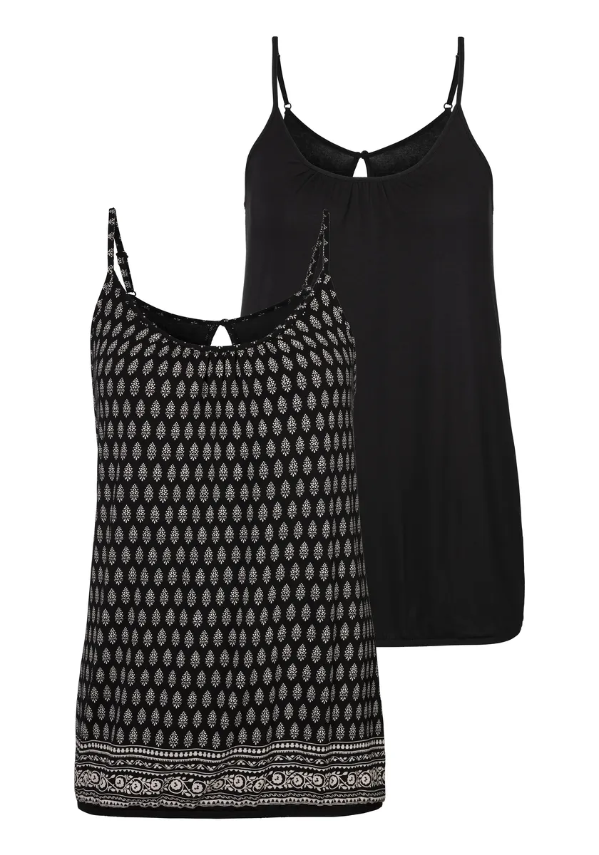 Топ-спагетти LASCANA (2 шт. в упаковке), с рюшами на вырезе, цвет Schwarz-Gemustert, Schwarz-Uni 
Топ-спагетти LASCANA (2 шт. в упаковке), с рюшами на вырезе, цвет Schwarz-Gemustert, Schwarz-Uni