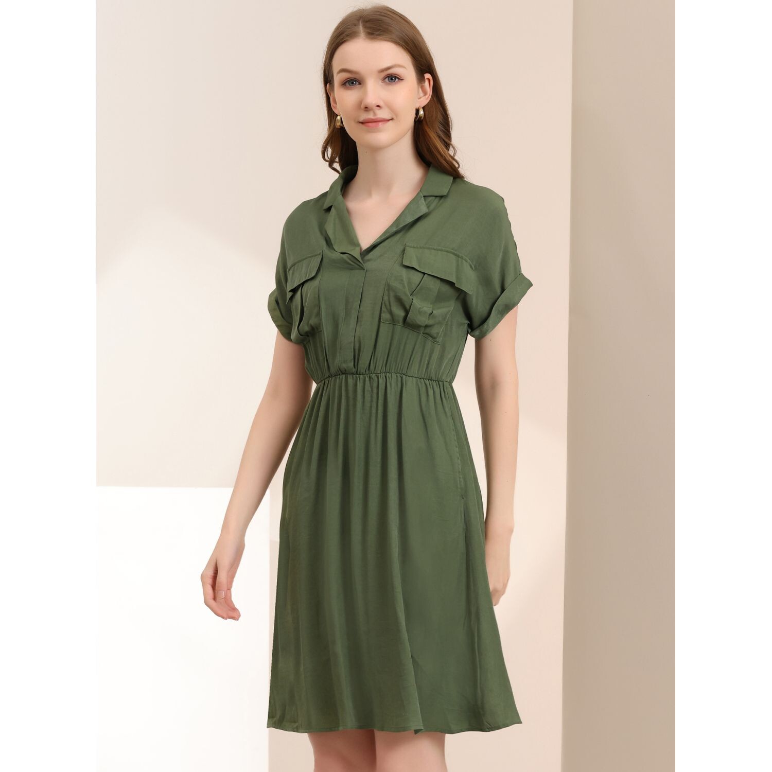 Женское платье-рубашка с V-образным вырезом и эластичной талией с зубчатыми лацканами и карманами ALLEGRA K
Женское платье-рубашка с V-образным вырезом и эластичной талией с зубчатыми лацканами и карманами ALLEGRA K