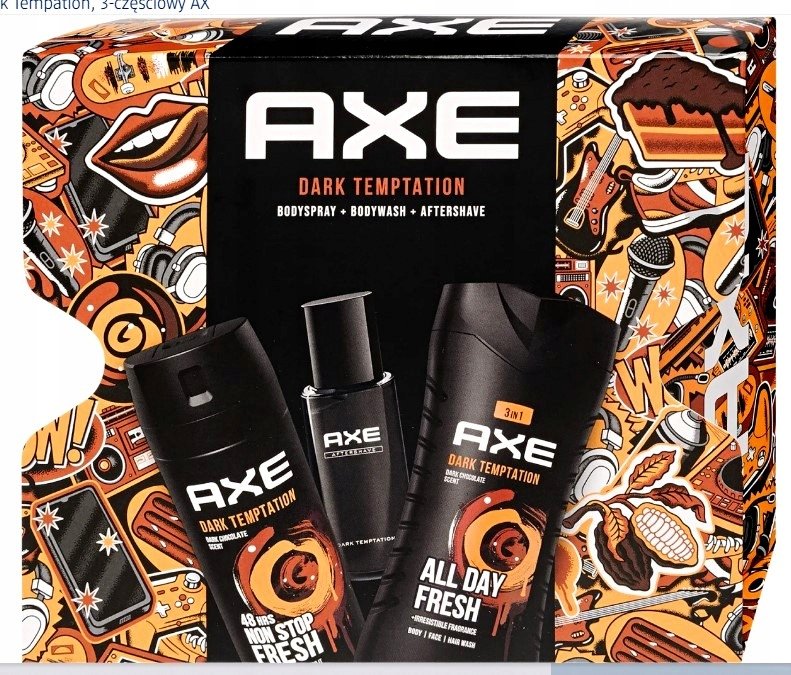 Набор мужской косметики Axe Dark Temptation: гель + дезодорант + средство после бритья
Набор мужской косметики Axe Dark Temptation: гель + дезодорант + средство после бритья
