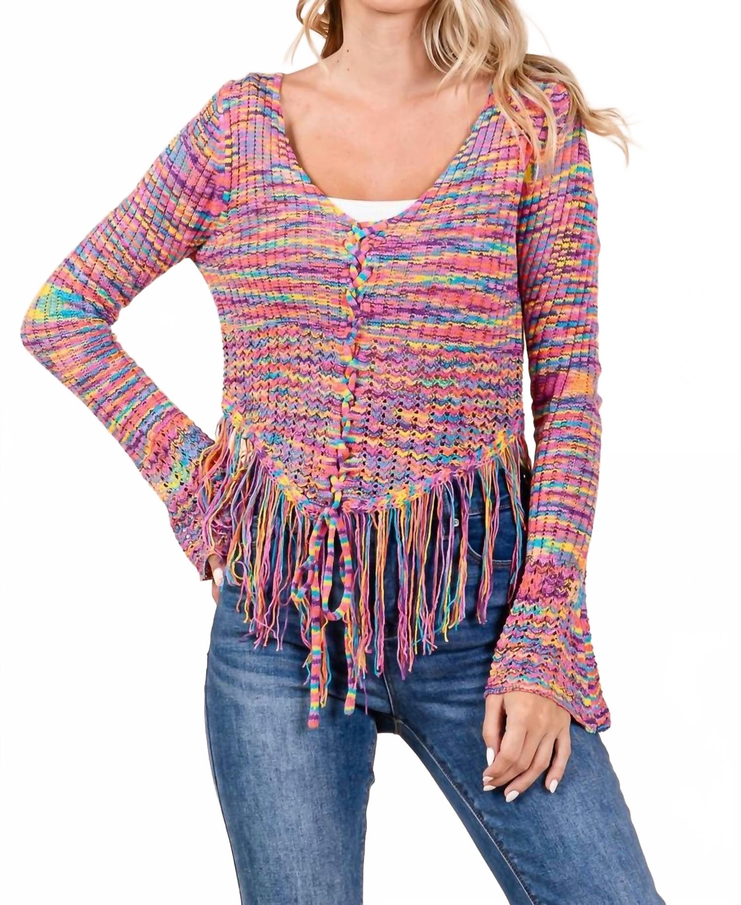 Свитер с ажурной вязкой, шнуровкой спереди и бахромой по низу в разноцветной пряже FATE, мультиколор
Свитер с ажурной вязкой, шнуровкой спереди и бахромой по низу в разноцветной пряже FATE, мультиколор