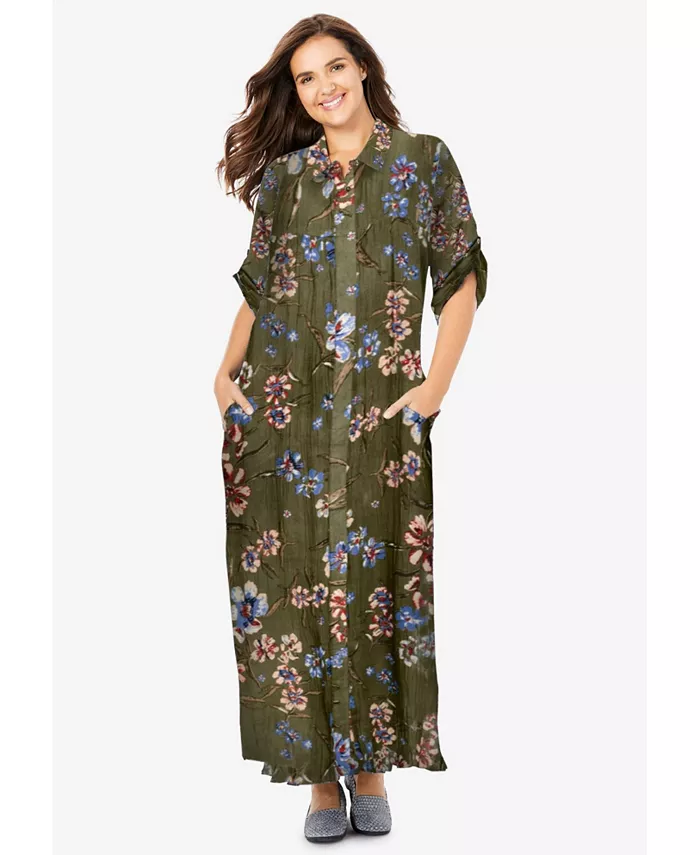 Женское платье-рубашка с отворотами и рукавами-подкладками Woman Within, зеленый
Женское платье-рубашка с отворотами и рукавами-подкладками Woman Within, зеленый