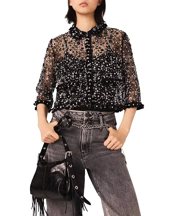 Топ из тюля, расшитый пайетками Maje, черный
Топ из тюля, расшитый пайетками Maje, черный