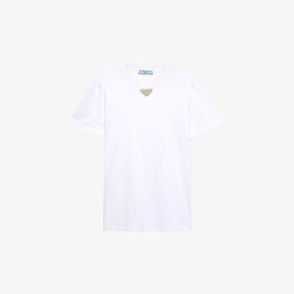Футболка из хлопкового джерси с короткими рукавами и вышитым треугольником Prada, белый
Футболка из хлопкового джерси с короткими рукавами и вышитым треугольником Prada, белый