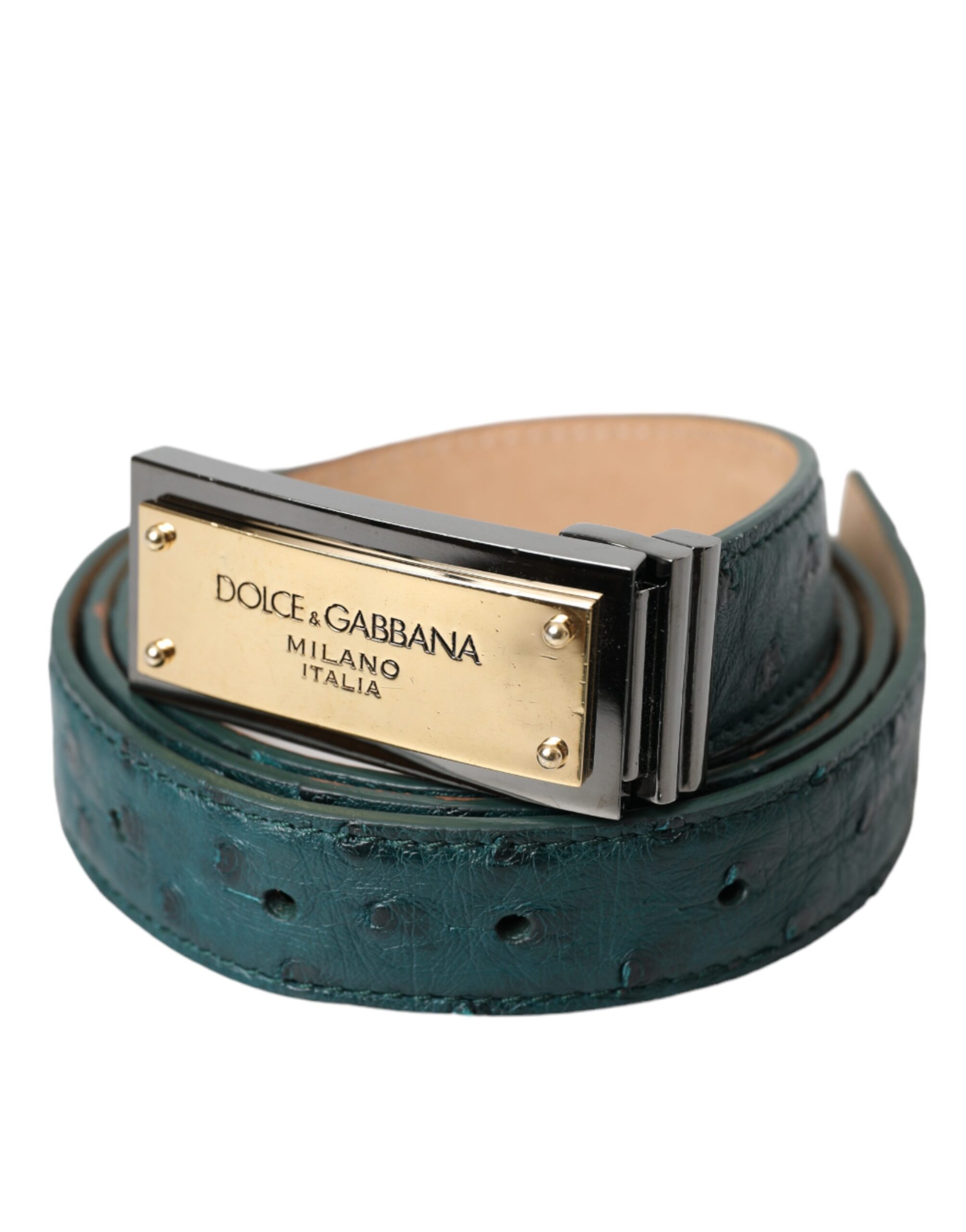 Зеленый кожаный ремень с выгравированной пряжкой с золотым логотипом Dolce & Gabbana
Зеленый кожаный ремень с выгравированной пряжкой с золотым логотипом Dolce & Gabbana