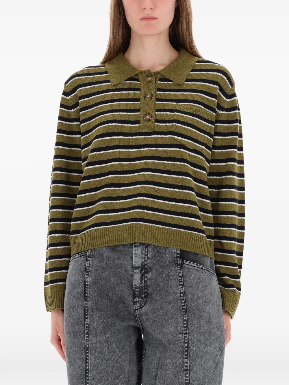 Полосатый трикотажный топ-поло на пуговицах Baum Und Pferdgarten, зеленый
Полосатый трикотажный топ-поло на пуговицах Baum Und Pferdgarten, зеленый