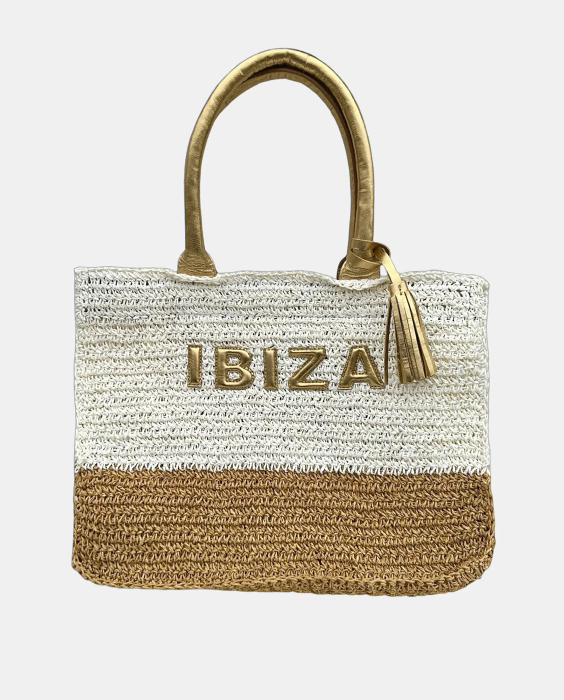 Двухцветная сумка из рафии ручной работы с кожаной аппликацией в виде надписи и мягкими ручками «IBIZA» Siena, белый 
Двухцветная сумка из рафии ручной работы с кожаной аппликацией в виде надписи и мягкими ручками «IBIZA» Siena, белый