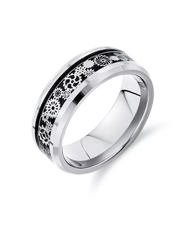 Шестерня в стиле стимпанк, посеребренное черное титановое кольцо, инкрустация из углеродного волокна, скошенные края, удобная посадка Bling Jewelry, silver