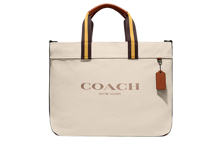 Сумка из холста с кожаными вставками, сумка-шоппер, большая женская сумка бежевый COACH 
Сумка из холста с кожаными вставками, сумка-шоппер, большая женская сумка бежевый COACH
