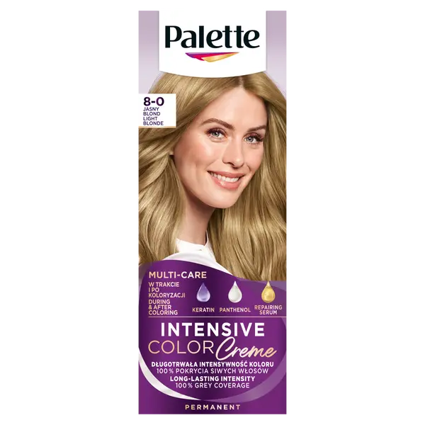 Крем-краска для волос 8-0 (n7) светло-русый, 1 упаковка. Palette Intensive color creme, цвет 8-0 jasny blond
Крем-краска для волос 8-0 (n7) светло-русый, 1 упаковка. Palette Intensive color creme, цвет 8-0 jasny blond