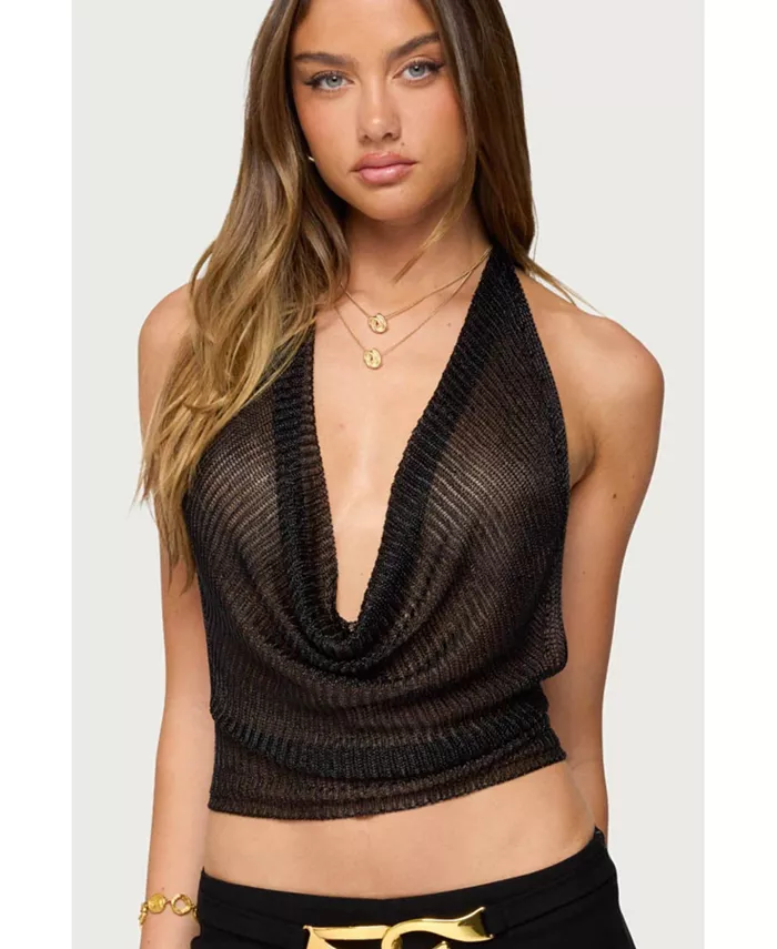 Женский блестящий трикотажный топ с воротником-хомутиком и открытой спиной Edikted, черный
Женский блестящий трикотажный топ с воротником-хомутиком и открытой спиной Edikted, черный