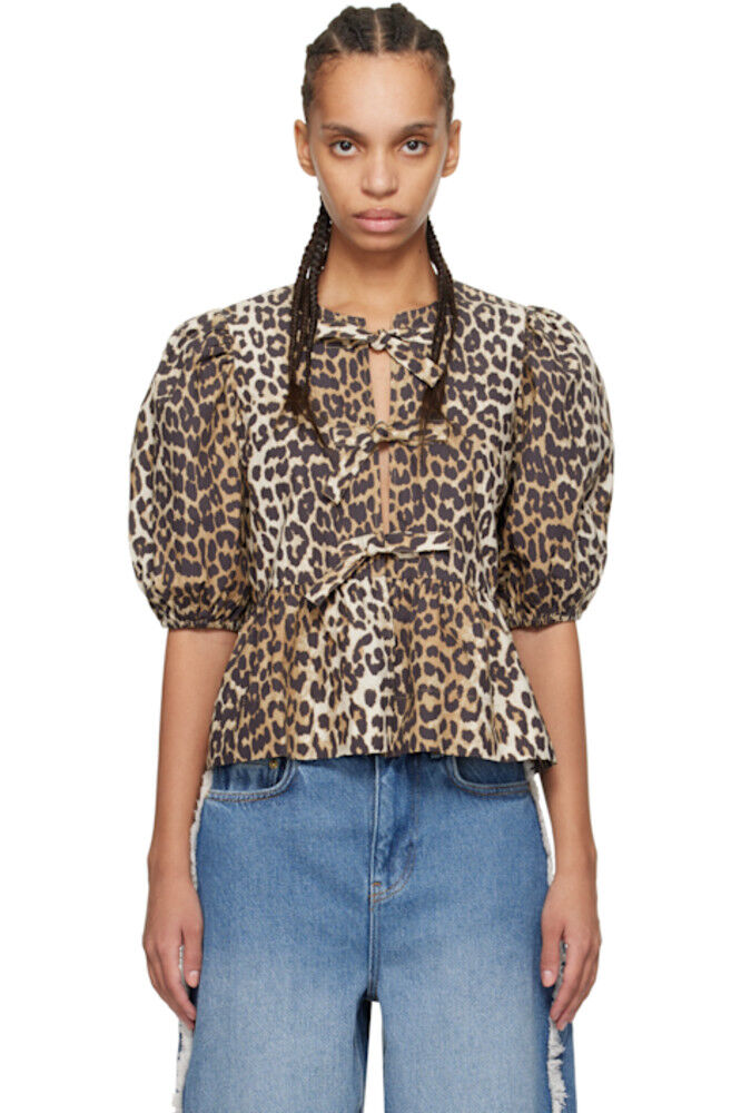 Коричневая хлопковая поплиновая блузка с завязками-баской GANNI
Коричневая хлопковая поплиновая блузка с завязками-баской GANNI