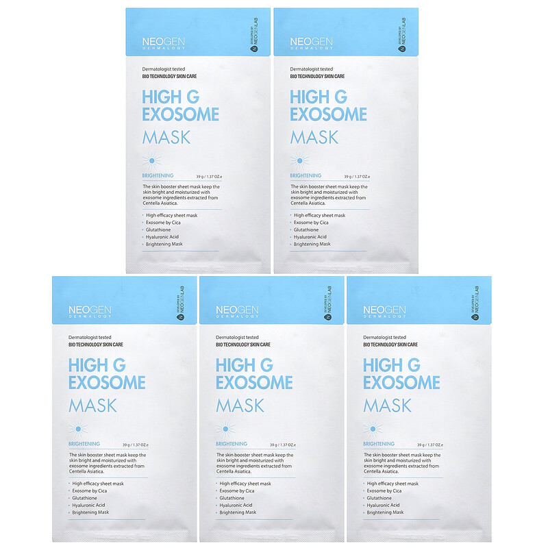 Neogen, Маска с экзосомами с высоким содержанием G, осветляющая, 5 шт. В упаковке, 39 г (1,37 унции) 
Neogen, Маска с экзосомами с высоким содержанием G, осветляющая, 5 шт. В упаковке, 39 г (1,37 унции)