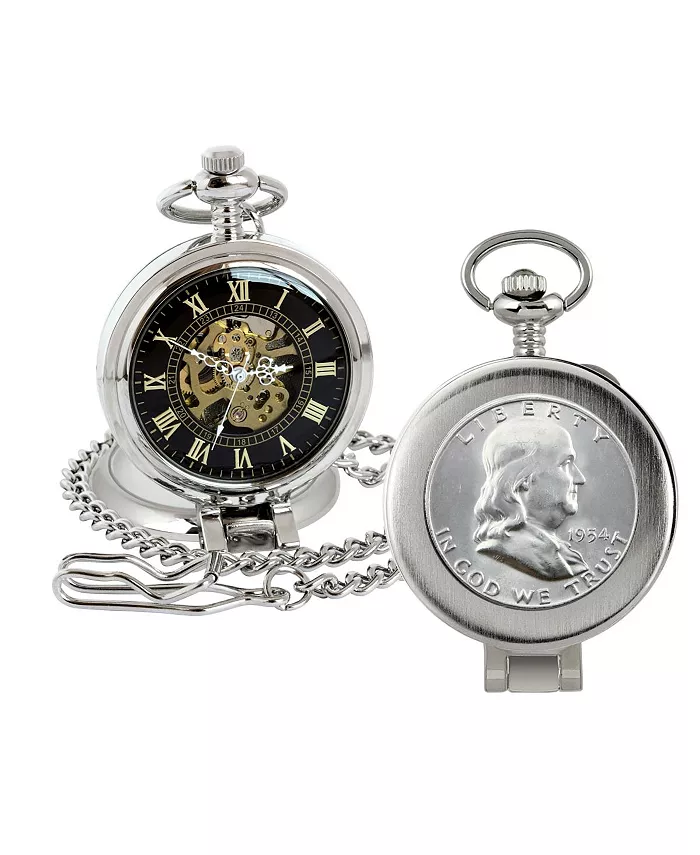 16270 Карманные часы с серебряным корпусом "Franklin Half Dollar" и скелетонизированным механизмом, черный циферблат с золотыми римскими цифрами - увеличительное стекло American Coin Treasures
16270 Карманные часы с серебряным корпусом "Franklin Half Dollar" и скелетонизированным механизмом, черный циферблат с золотыми римскими цифрами - увеличительное стекло American Coin Treasures