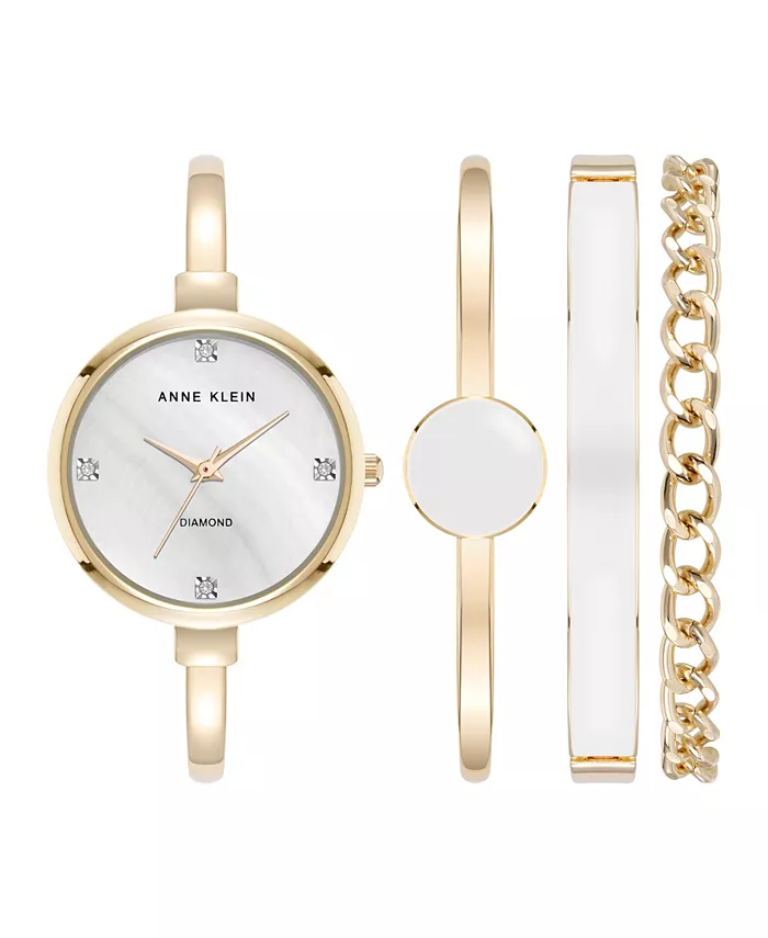 Женский комплект часов с браслетом из кварцевого сплава с белой эмалью и золотистым металлом, 32 мм Anne Klein
Женский комплект часов с браслетом из кварцевого сплава с белой эмалью и золотистым металлом, 32 мм Anne Klein