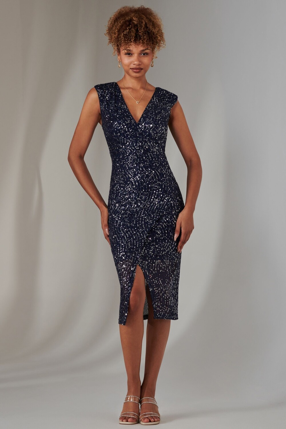 Платье миди с пайетками Deja и разрезом Jolie Moi, синий 
Платье миди с пайетками Deja и разрезом Jolie Moi, синий