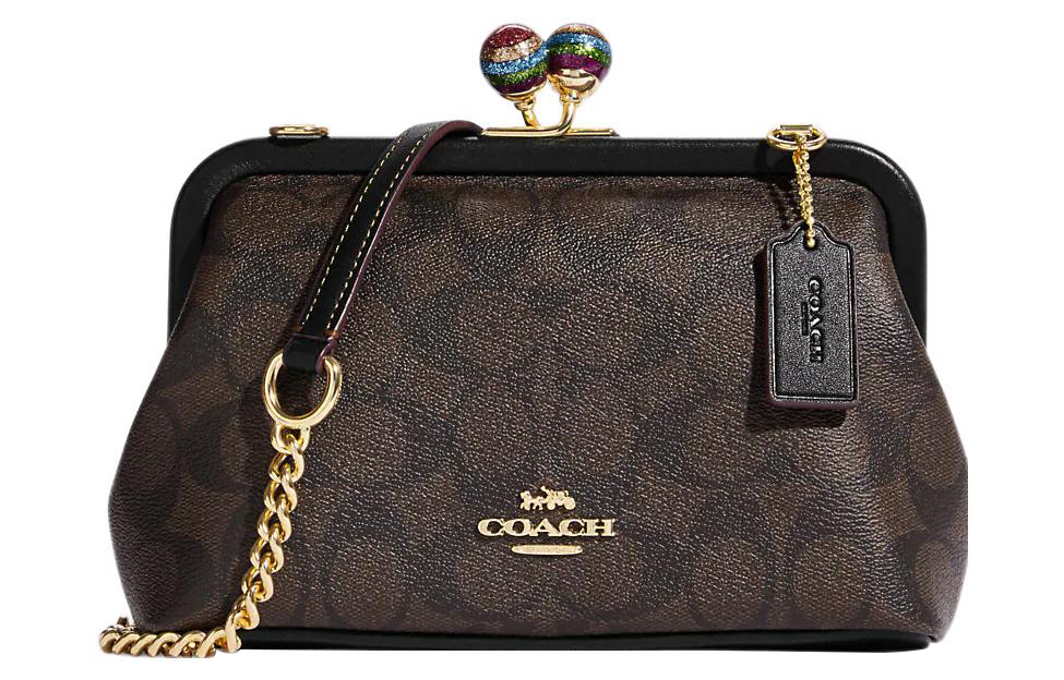 Кошелек на замочке-поцелуе из канвы с гладкой кожаной лямкой, через плечо, женская сумка Трампетс, коричнево-черный COACH