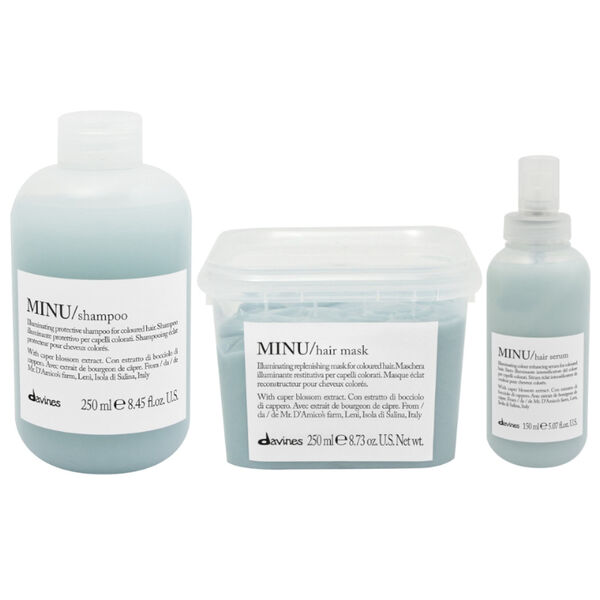 Набор для окрашенных волос: шампунь, 250 мл + маска, 250 мл + сыворотка для придания блеска, 150 мл Davines Minu
Набор для окрашенных волос: шампунь, 250 мл + маска, 250 мл + сыворотка для придания блеска, 150 мл Davines Minu