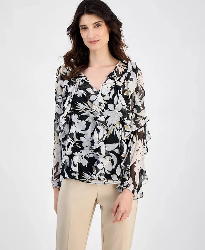 Женская блузка с цветочным принтом и рюшами Anne Klein, черный
Женская блузка с цветочным принтом и рюшами Anne Klein, черный