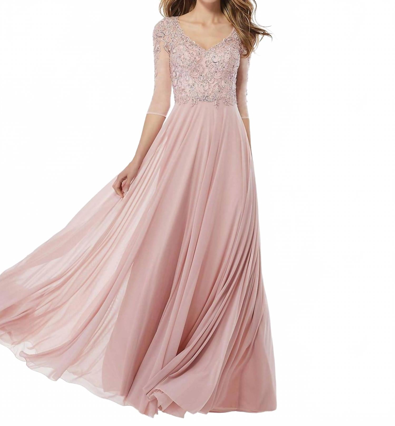 Блестящее вечернее платье-трапеция в нежно-розовом цвете с бисером MGNY