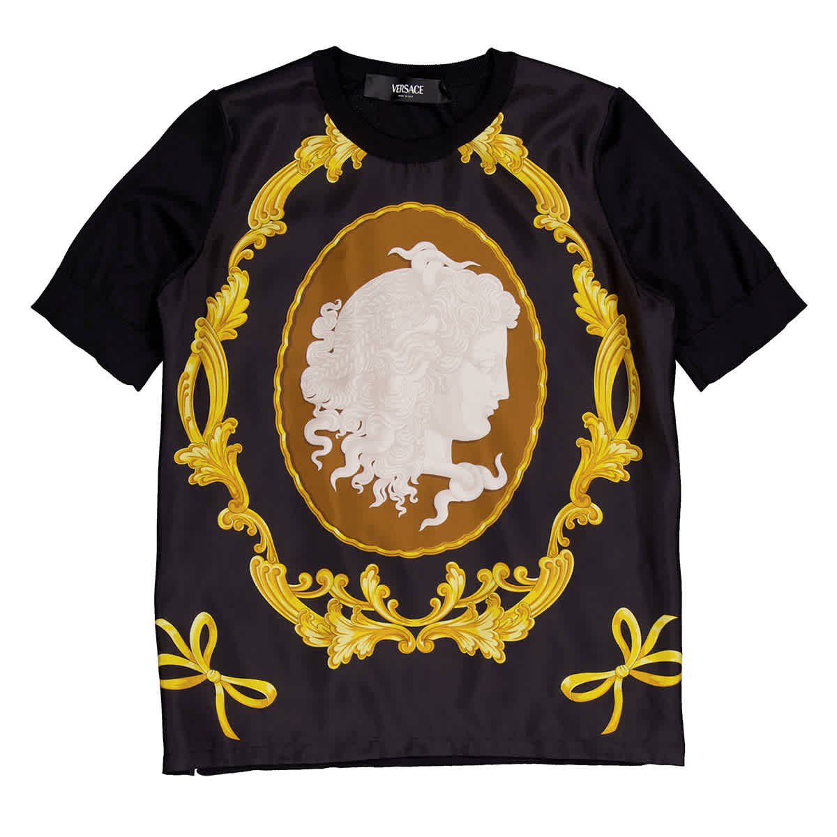 Вязаный топ Versace из шелкового фуляра с камеей, черный/золотой
Вязаный топ Versace из шелкового фуляра с камеей, черный/золотой