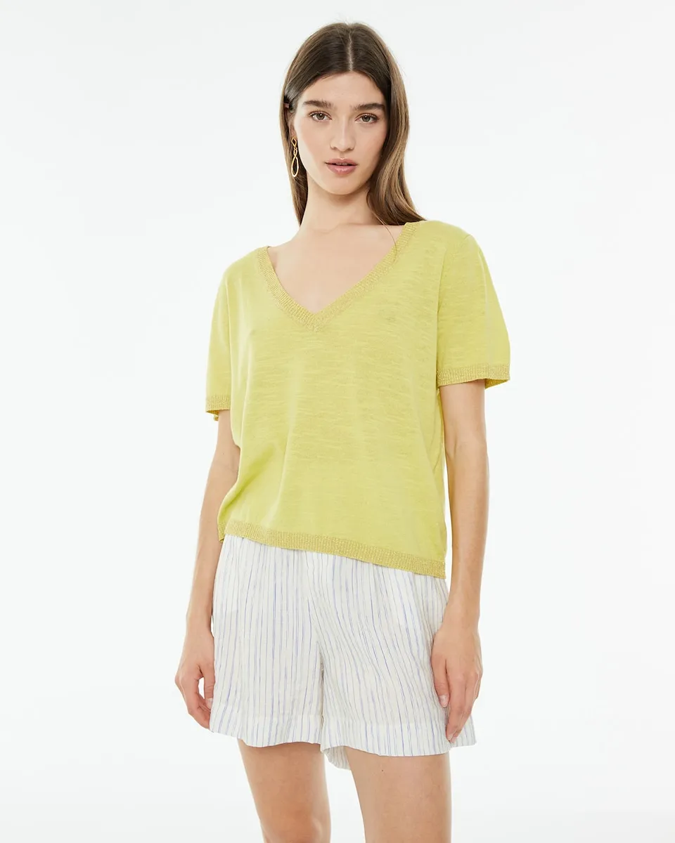 Женский свитер с V-образным вырезом, короткими рукавами и отделкой горловины бретелькой System Action, жёлтый
Женский свитер с V-образным вырезом, короткими рукавами и отделкой горловины бретелькой System Action, жёлтый