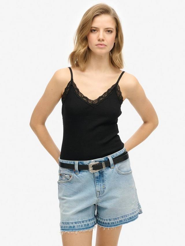 Незаменимый топ на бретелях с кружевной отделкой Superdry, черный 
Незаменимый топ на бретелях с кружевной отделкой Superdry, черный