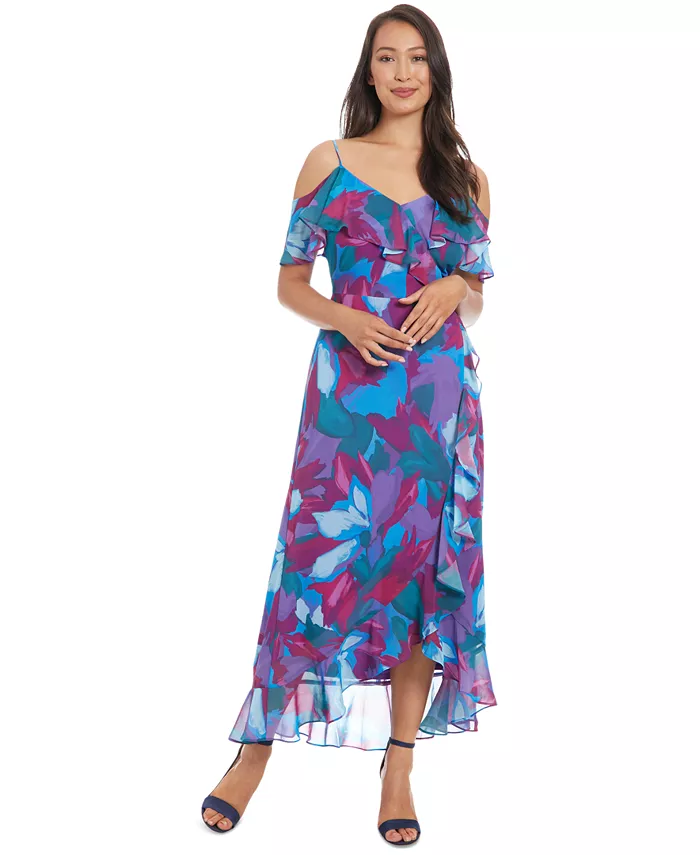 Маленькое платье из шифона с принтом, рюшами и открытыми плечами London Times, синий
Маленькое платье из шифона с принтом, рюшами и открытыми плечами London Times, синий