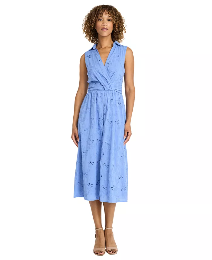 Женская хлопковая рубашка-платье с V-образным вырезом и ажурной отделкой Maggy London, синий 
Женская хлопковая рубашка-платье с V-образным вырезом и ажурной отделкой Maggy London, синий