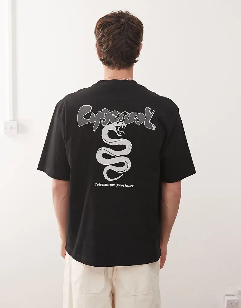 Футболка свободного кроя для будних дней с графическим принтом кибер-змеи черного цвета 
Футболка свободного кроя для будних дней с графическим принтом кибер-змеи черного цвета