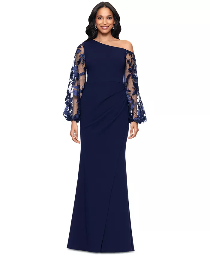 Женское платье с асимметричным вырезом и кружевными рукавами Betsy & Adam, синий 
Женское платье с асимметричным вырезом и кружевными рукавами Betsy & Adam, синий