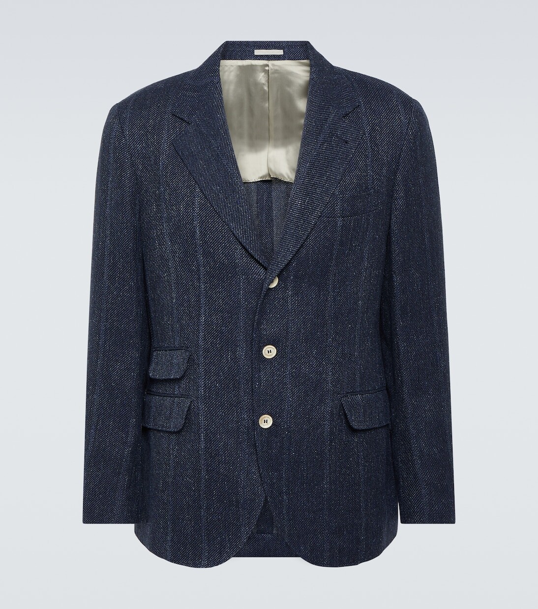 Полосатый пиджак из льна, шелка и шерсти Brunello Cucinelli, синий
Полосатый пиджак из льна, шелка и шерсти Brunello Cucinelli, синий