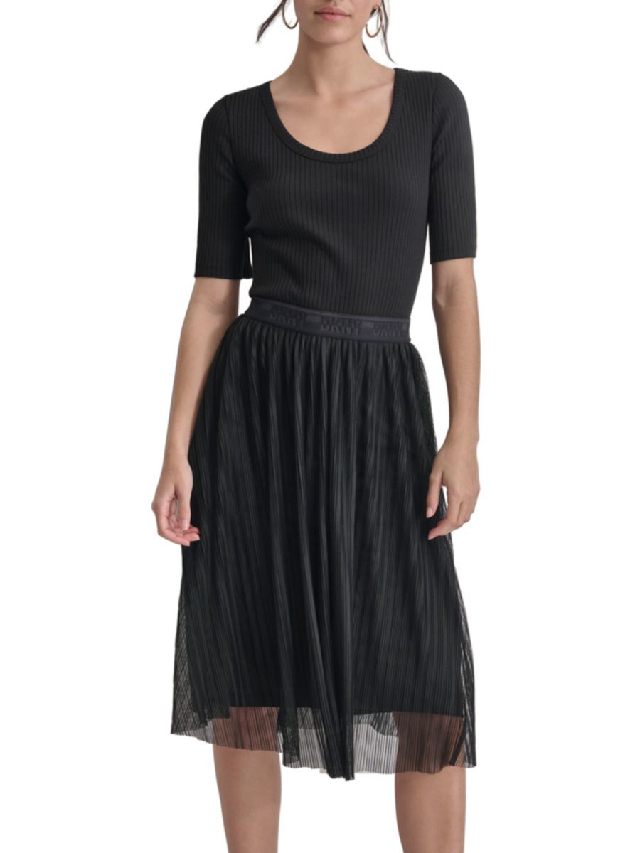Платье из ребристого трикотажа с логотипом на талии и плиссировкой из сетки DKNY, черный
Платье из ребристого трикотажа с логотипом на талии и плиссировкой из сетки DKNY, черный