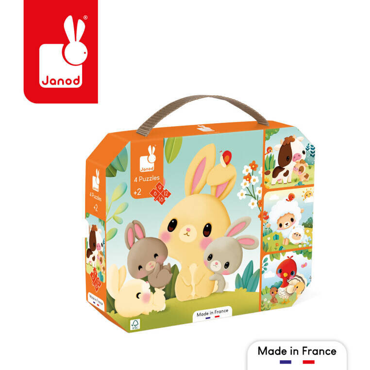 Janod, Набор прогрессивных пазлов в чемодане, «Животные на ферме», 4 пазла, 6/9/12/16 деталей.
Janod, Набор прогрессивных пазлов в чемодане, «Животные на ферме», 4 пазла, 6/9/12/16 деталей.