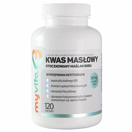 Масляная кислота, 360 мг бутирата натрия, 120 капсул, Myvita Silver 
Масляная кислота, 360 мг бутирата натрия, 120 капсул, Myvita Silver