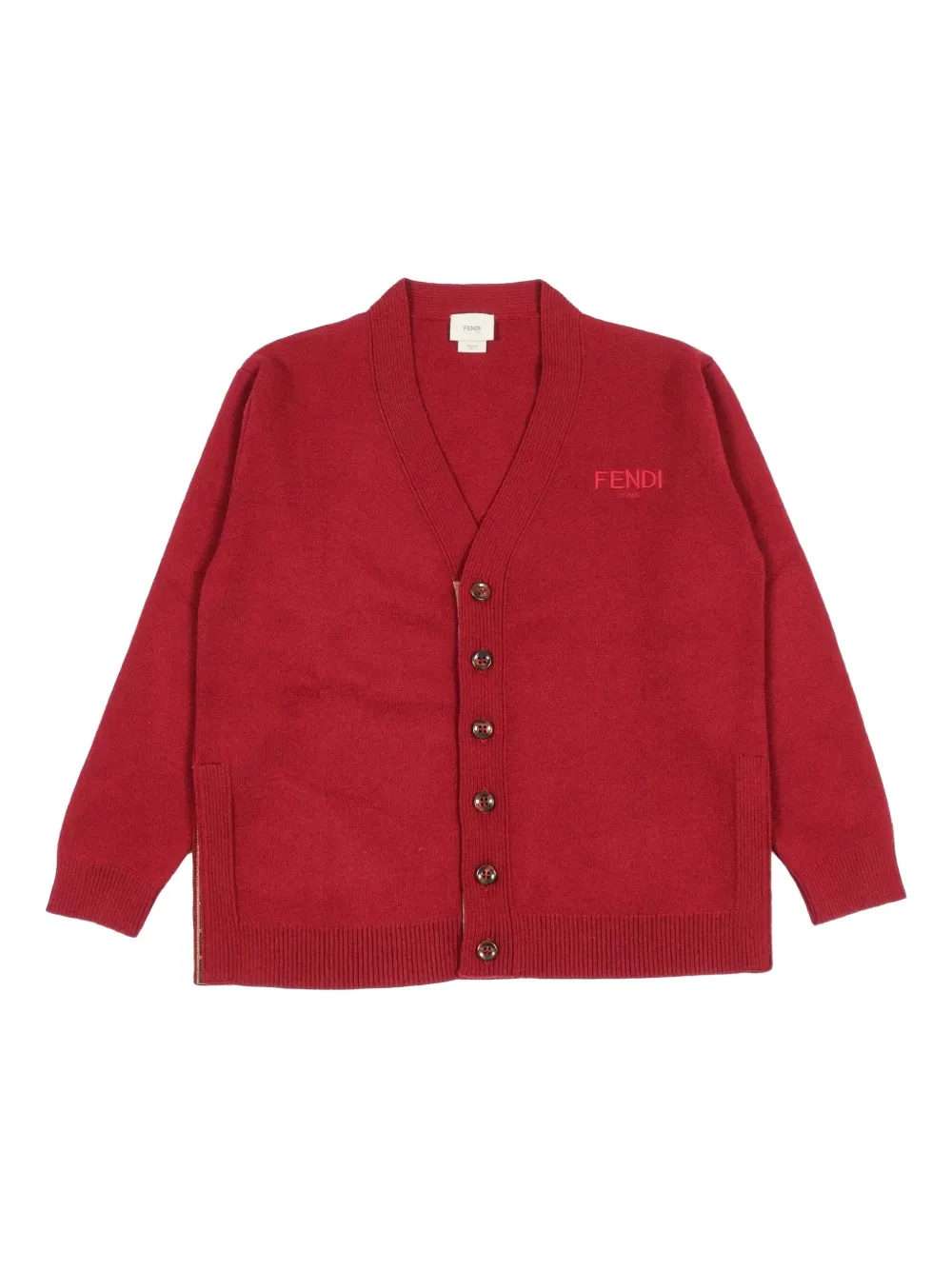 Кардиган на пуговицах с вышитым логотипом Fendi Kids, красный
Кардиган на пуговицах с вышитым логотипом Fendi Kids, красный