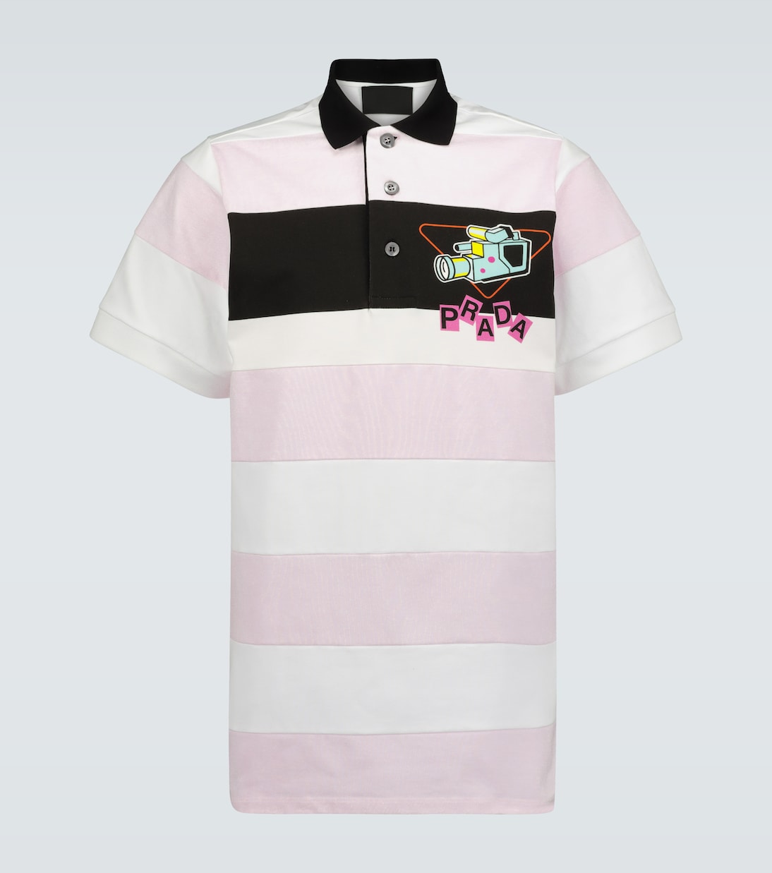 Поло в полоску с принтом камеры Prada, Bianco + Rosa 
Поло в полоску с принтом камеры Prada, Bianco + Rosa
