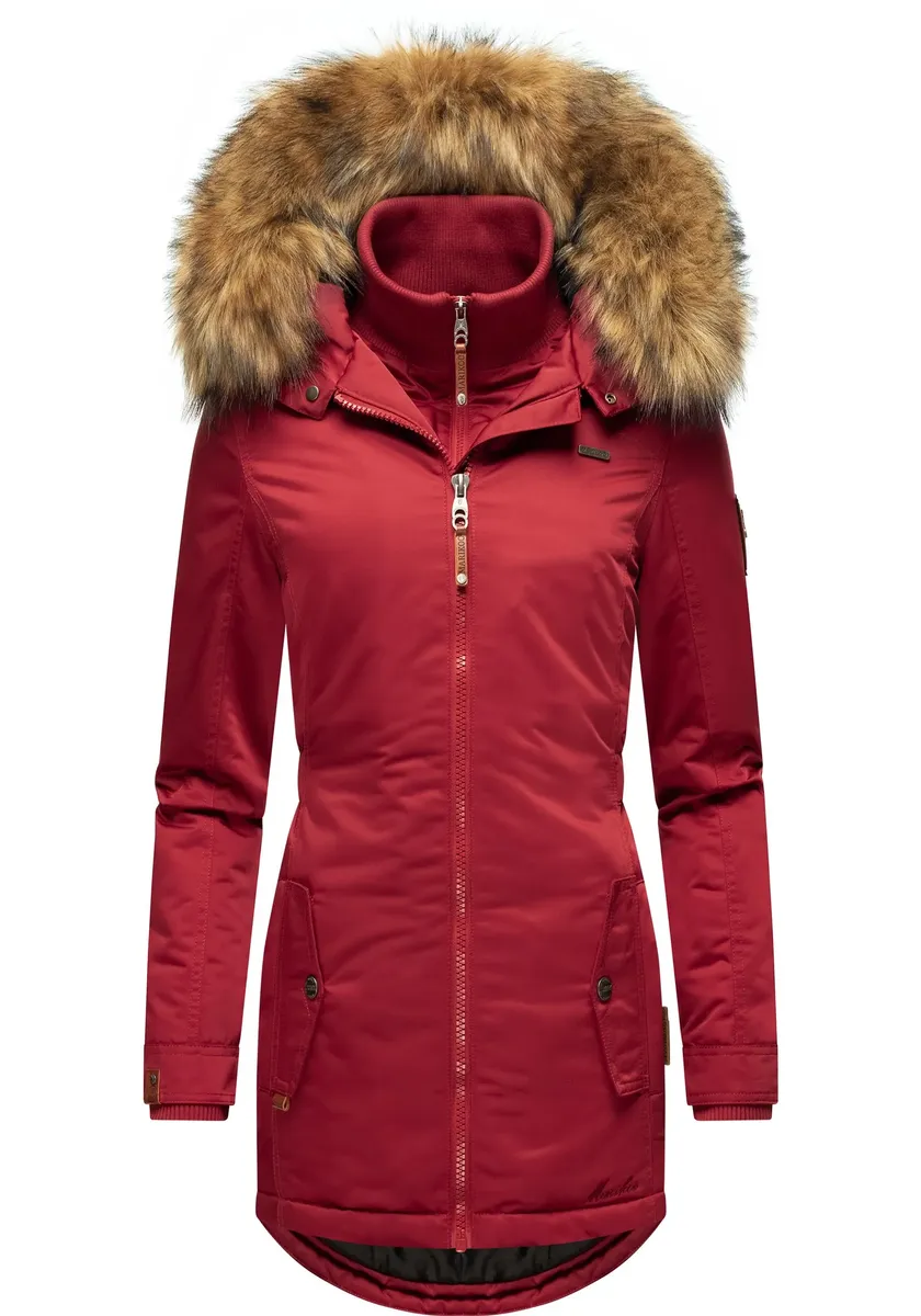 Зимнее пальто Marikoo "Sanakoo", шикарное женское полупальто с капюшоном из искусственного меха, красный