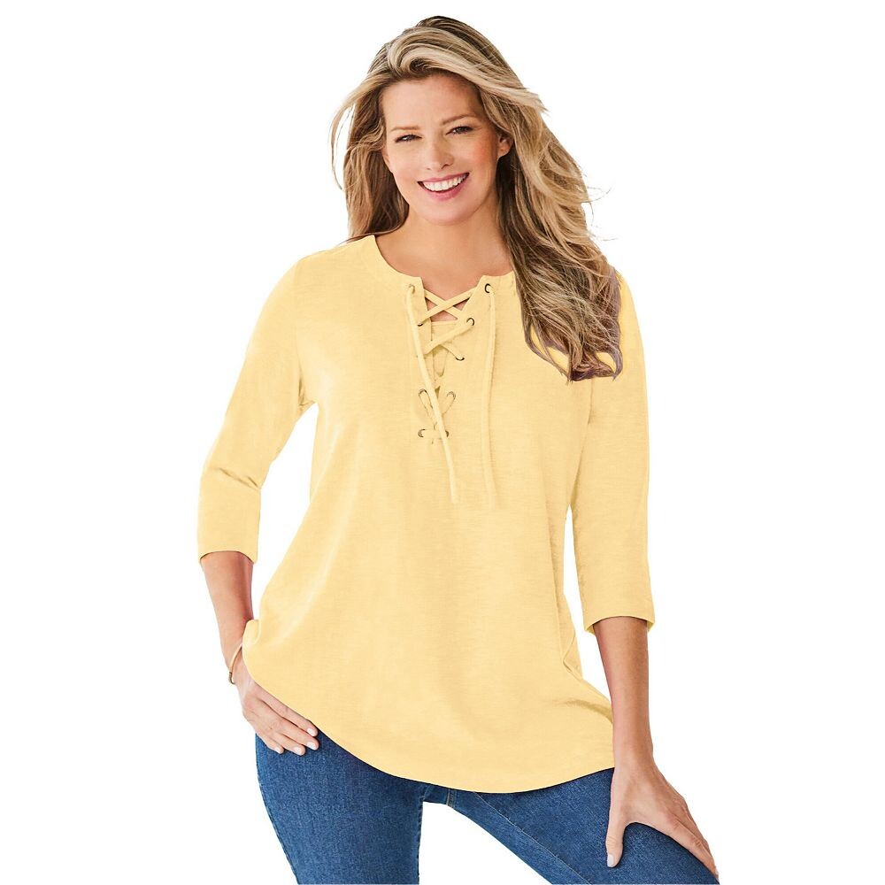 Женщина в женской футболке больших размеров на шнуровке с рукавами три четверти Woman Within, цвет Banana
Женщина в женской футболке больших размеров на шнуровке с рукавами три четверти Woman Within, цвет Banana