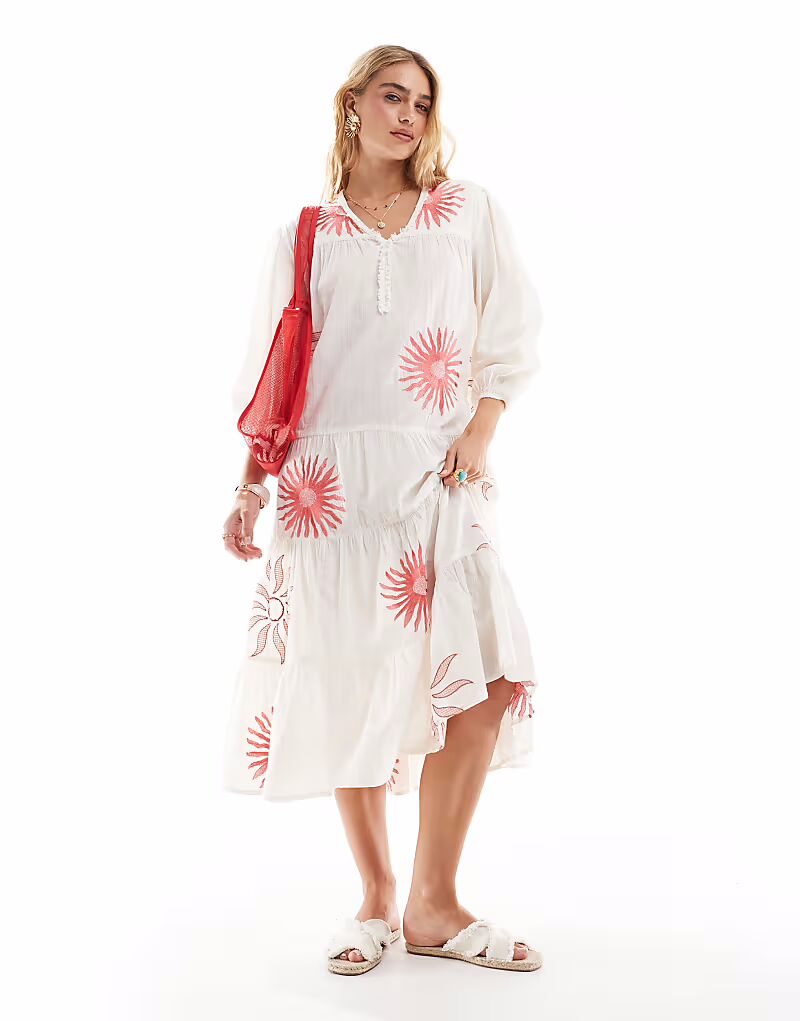 Пляжное платье миди с рукавами-фонариками Accessoryize с принтом летнего солнца Accessorize