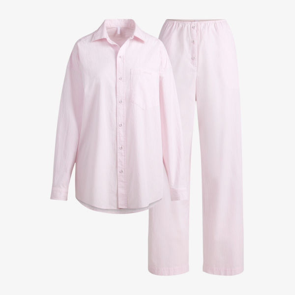 Пижамный комплект Skims из хлопка в полоску оверсайз, розовый 
Пижамный комплект Skims из хлопка в полоску оверсайз, розовый