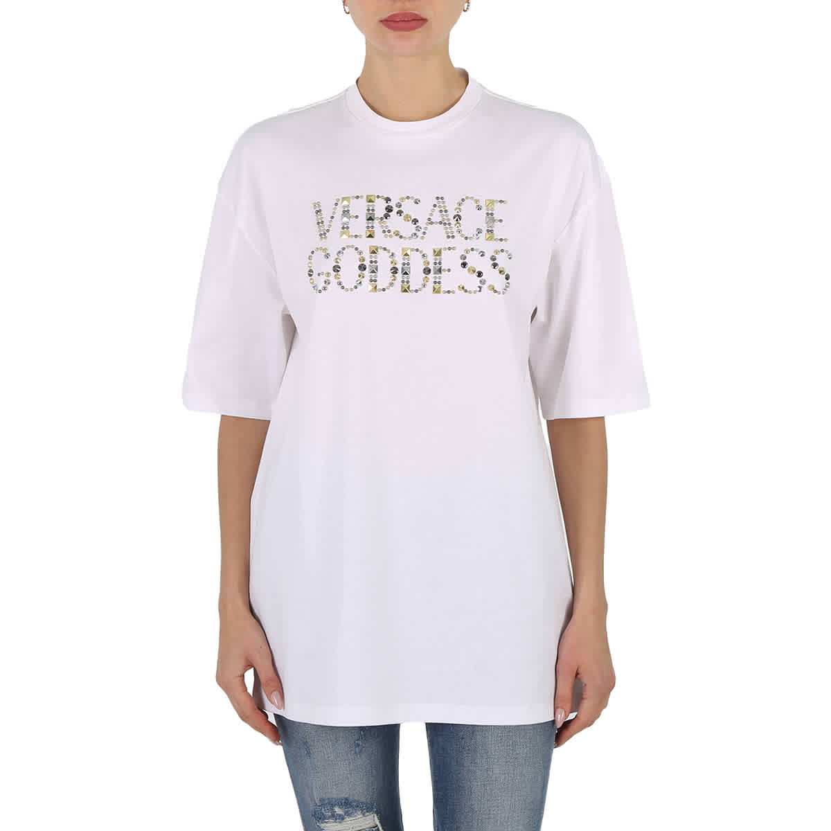 Женская хлопковая футболка Versace Goddess с белыми заклепками Versace, Optical White
Женская хлопковая футболка Versace Goddess с белыми заклепками Versace, Optical White