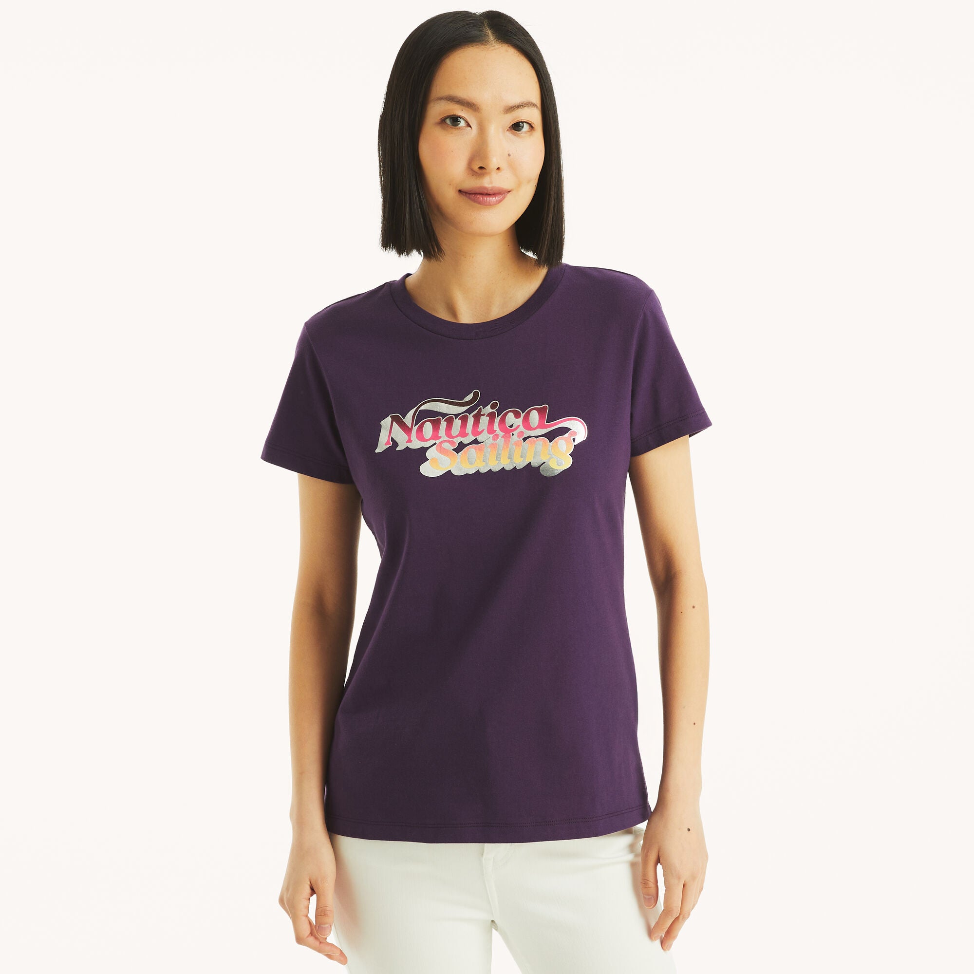 Женская футболка Nautica с металлизированным логотипом, цвет black berry
Женская футболка Nautica с металлизированным логотипом, цвет black berry