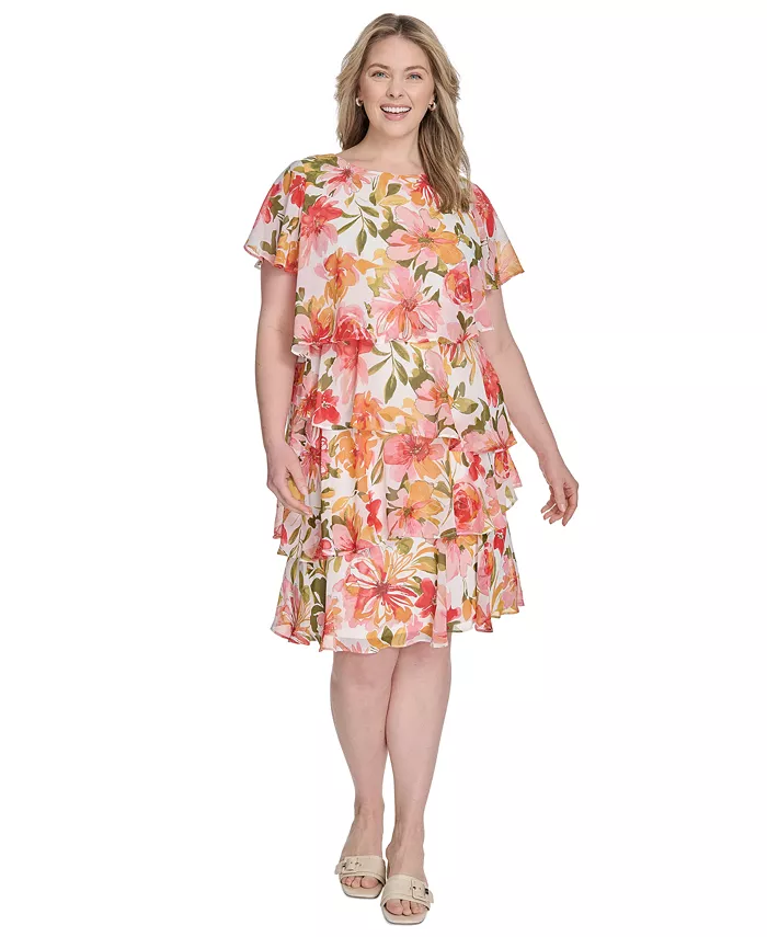 Платье-трапеция больших размеров с цветочным принтом и многоярусным кроем Jessica Howard, слоновая кость/кремовый