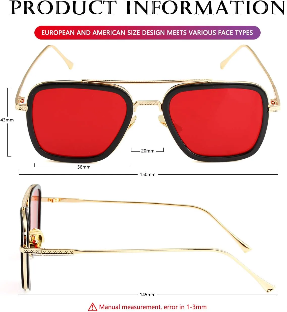 Солнцезащитные очки AIEYEZO Тони Старк в винтажном стиле, квадратная металлическая оправа, для мужчин и женщин - очки Железного человека и Эдит, Gold/Ocean Red
Солнцезащитные очки AIEYEZO Тони Старк в винтажном стиле, квадратная металлическая оправа, для мужчин и женщин - очки Железного человека и Эдит, Gold/Ocean Red