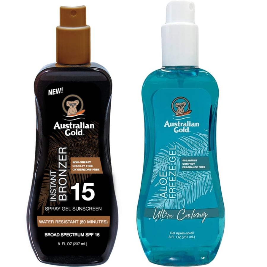 Australian Gold Bronzer Spray Gel SPF15 + Aloe Freeze Gel
Australian Gold Bronzer Spray Gel SPF15 + Aloe Freeze Gel