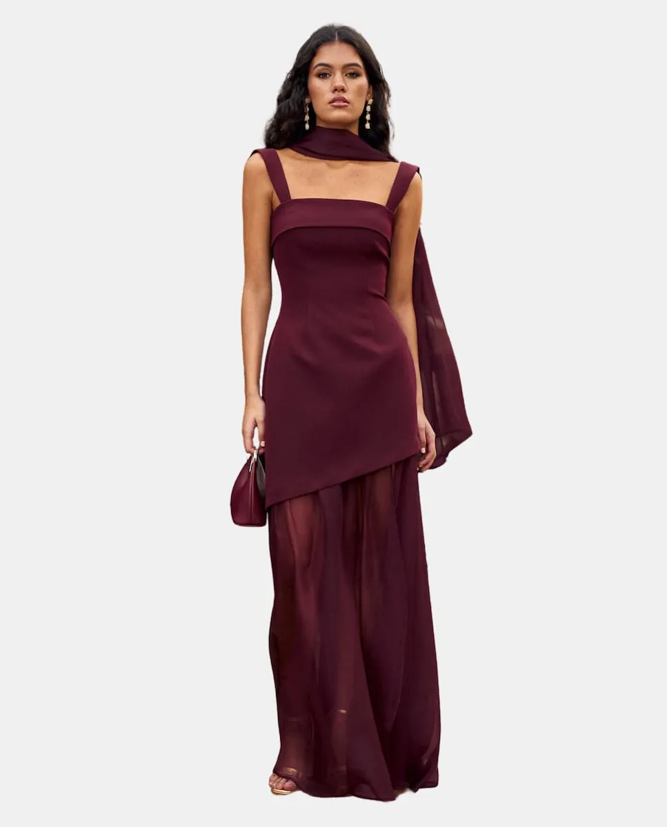 Платье с асимметричной юбкой из воздушной газовой ткани Miphai, гранатовый
Платье с асимметричной юбкой из воздушной газовой ткани Miphai, гранатовый