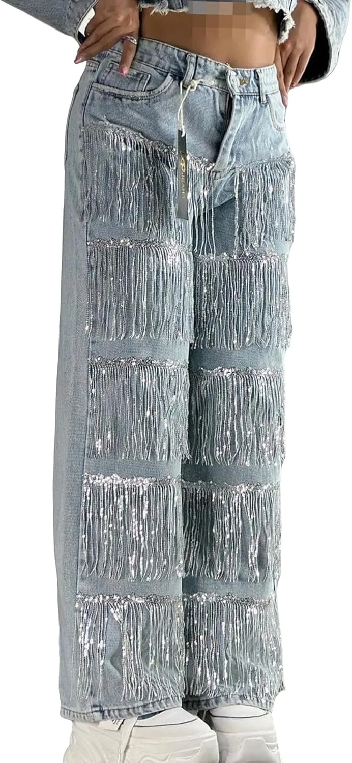 Женские джинсы с пайетками и бахромой High Waist Wide Leg Symina
Женские джинсы с пайетками и бахромой High Waist Wide Leg Symina